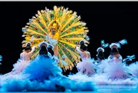 Các 8th Xiaohe phong cách nhỏ màu trắng trẻ em trang phục biểu diễn múa new peacock màn hình mở Yi váy đầy màu sắc áo len bé trai