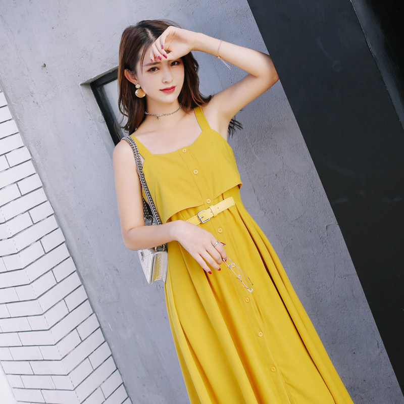吊带裙女夏外穿2018新款露肩黄色连衣裙中长款收腰少女心显瘦裙子