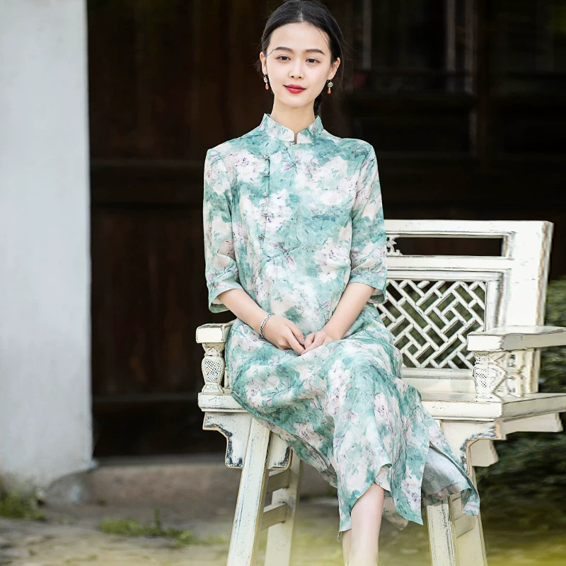 Váy sườn xám cải tiến Phong cách Trung Quốc cotton và lanh của phụ nữ phong cách dân tộc váy dài văn học mùa hè Váy gai cao cấp phong cách Trung Quốc - Váy dài