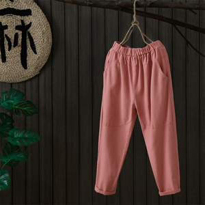 Indigo mùa hè mới bông và vải lanh cắt quần quần văn học hoang dã lỏng đàn hồi eo màu rắn quần âu chân quần