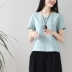 Áo phông nhỏ bằng vải cotton và áo sơ mi nữ 2019 hè mới size lớn retro khóa cổ chữ V áo thun ngắn tay - Áo phông áo phông dài tay Áo phông