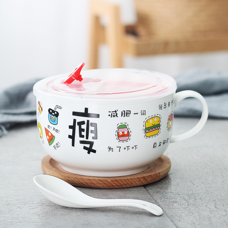 Extra Large And Thin Chopsticks For Shopsstudent Noodle soup bowl ceramics Handle with cover trumpet seal up Instant noodles cup Bento Lunch box Cartoon can Microwave Oven Breakfast cup