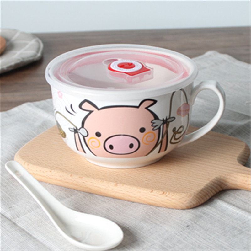 Small Pigs Eat Noodles, Pay Attention To Spoon And Chopsticks In Shopsstudent Noodle soup bowl ceramics Handle with cover trumpet seal up Instant noodles cup Bento Lunch box Cartoon can Microwave Oven Breakfast cup