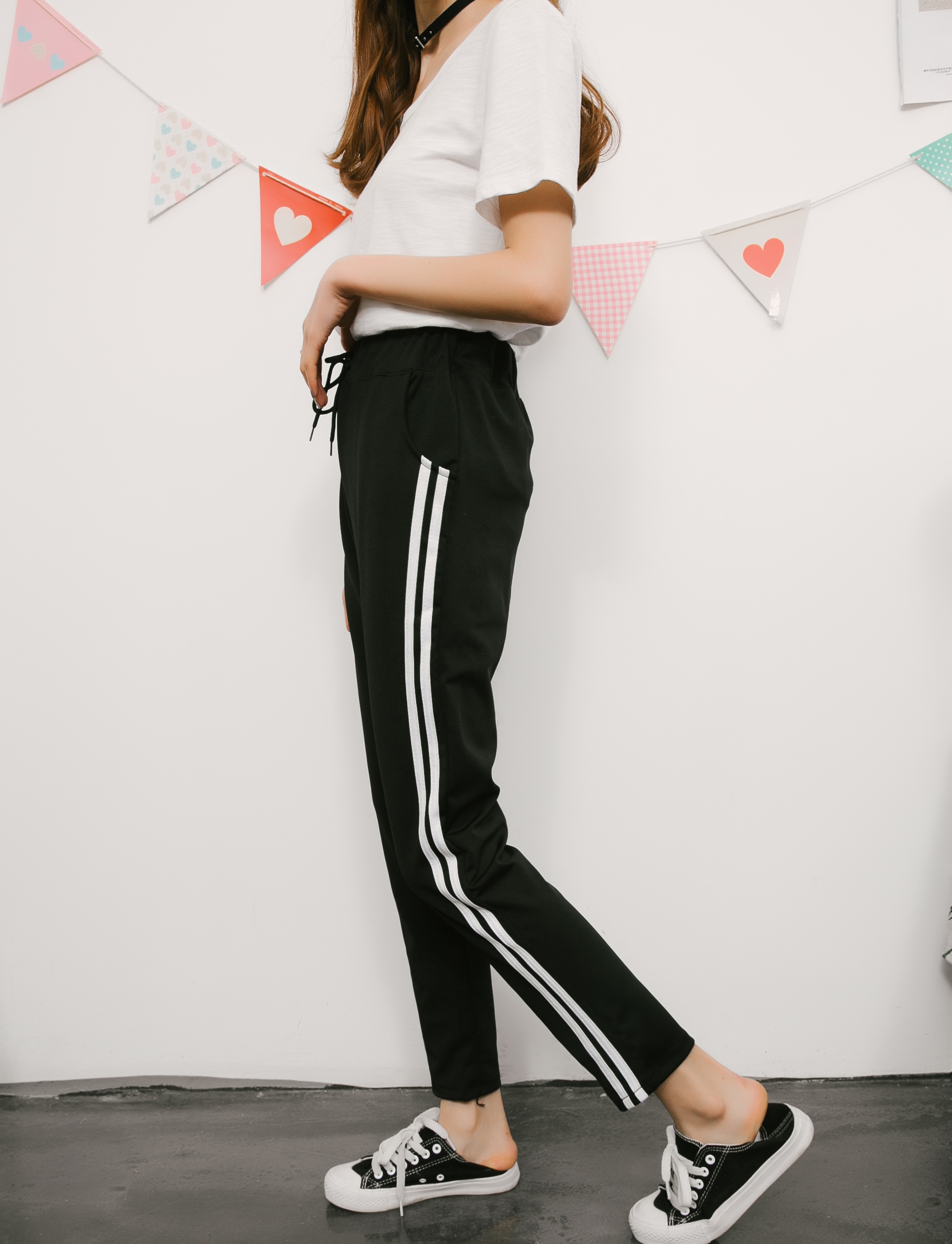 休闲运动裤百搭宽松侧边两条杠哈伦裤女学生 3383实拍