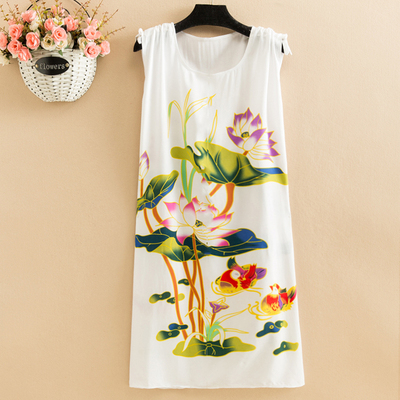 No.7Fat mm Big size pajamas female summer Nightdress poplin  Medium and long term easy Thin middle age female robe camisole Over the knee vest