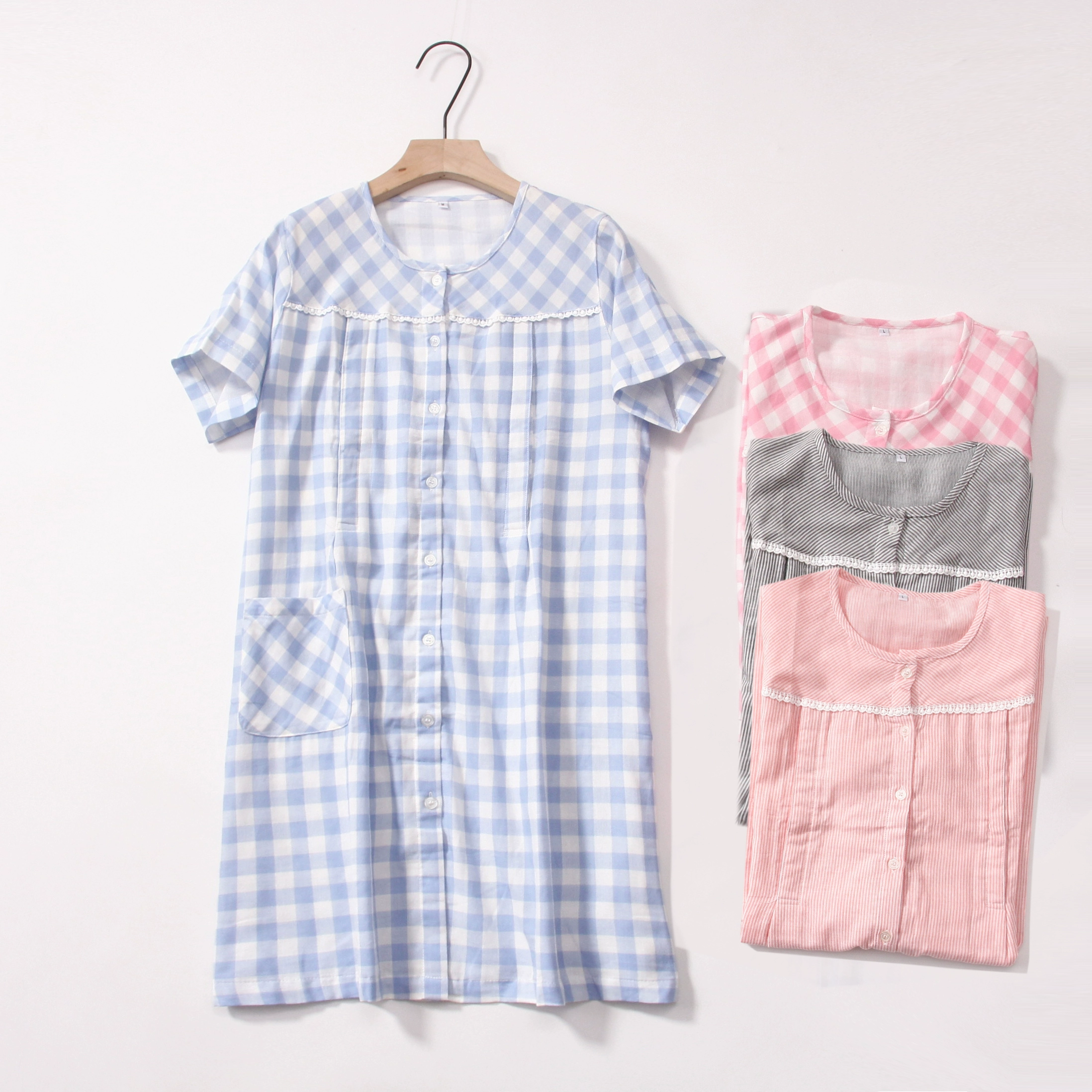 Bông gạc hai lớp mùa hè Phụ nữ mang thai Dịch vụ tại nhà của phụ nữ Áo ngủ ngắn tay cho bà bầu tại nhà - Giải trí mặc / Mum mặc