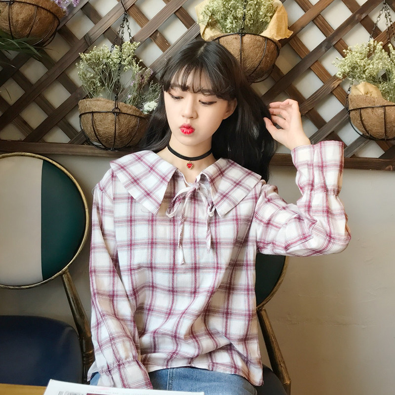 6956实拍新款韩版学院风系带娃娃领衬衫棉麻长袖格子衬衣学生上衣