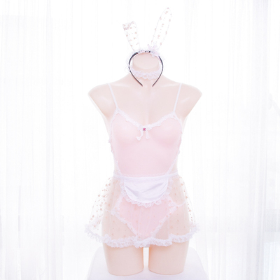 【撩汉出品】粉嫩兔女郎 兔子女仆装 蕾丝边连体透明网纱内衣-淘宝网