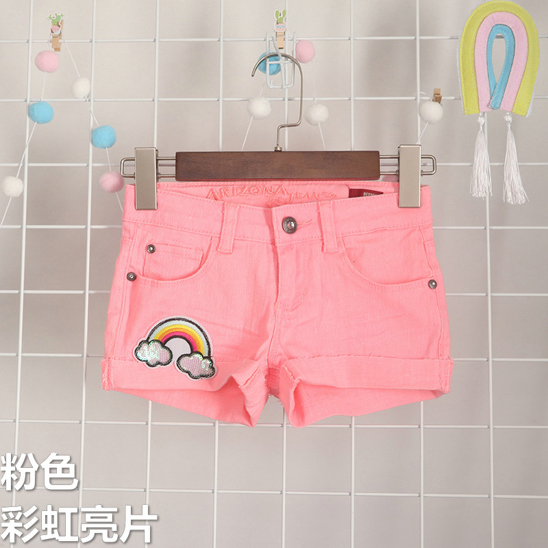 Pinksummer Thin Children's wear girl Cotton and hemp ventilation elastic force rainbow Sequins cowboy Hot pants Curling shorts European and American single