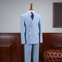 IsirHonour sọc xanh nhạt Slim cổ áo phù hợp với ngực đôi phù hợp với Anh retro phù hợp với nam - Suit phù hợp vest nam