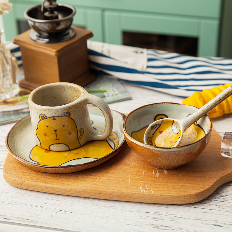 Tiger Four Piece Set Of Dishes, Cups And Spoonsfree shipping children Cartoon ceramics tableware suit Underglaze color Hand painted Bowl, plate and cup originality birthday manual gift