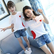 Cha mẹ và con mẹ và con gái mùa hè 2018 làn sóng mới đầy đủ nhà ăn mặc cô gái ngắn- tay t- shirt quần short denim phù hợp với một gia đình ba
