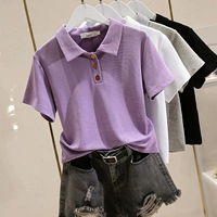 Футболка polo, короткая летняя футболка с коротким рукавом, хлопковый приталенный сиреневый брендовый топ, высокая талия