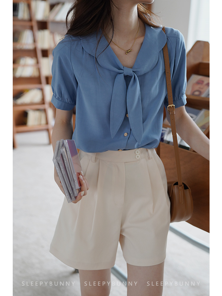 Blue-Sleepy rabbit Rabbit ears Age reduction Doll Collar shirt female summer solar system student Sweet soft easy Short sleeve jacket