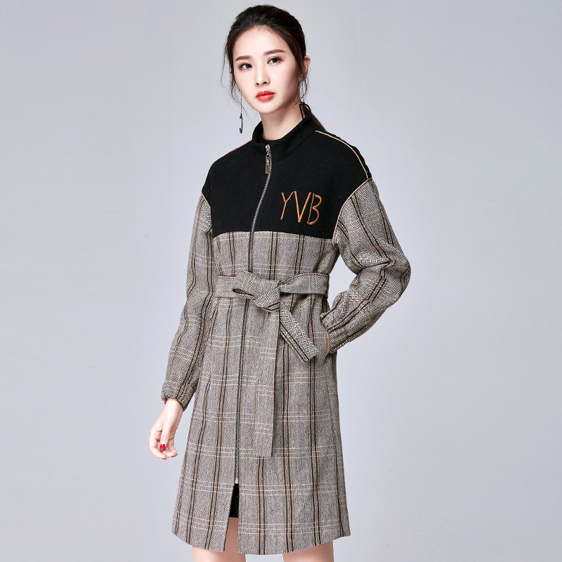 2018 mùa thu và mùa đông quần áo kẻ sọc mới khâu trong phần dài của áo gió tie eo OL khí áo len