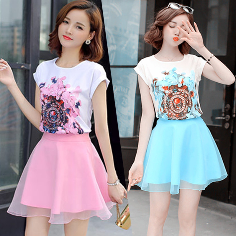 Lỏng t-shirt nữ ngắn tay nhỏ tươi in áo nhỏ hai mảnh kích thước lớn nước ngoài khí nửa tay áo voan quần áo