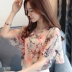 Lỏng t-shirt nữ ngắn tay in không khí nước ngoài áo sơ mi nhỏ mùa hè Hàn Quốc phiên bản lá sen tay áo hoang dã nửa tay áo máy tim voan quần áo áo phông trắng Áo phông
