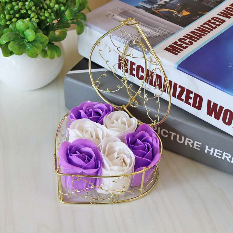 6 Iron Bars, Purple And White6 Blossoms Iron fence rose simulation rose Soap flower soap Gift box Section 38 originality gift Wedding supplies  Opening