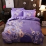 Bông hoa hoạt động phiên bản lớn của một gia đình bốn miếng bông Trung Quốc phong cách đám cưới lanh chăn giường ngủ ở một gia đình bốn vần tím - Bộ đồ giường bốn mảnh chăn ga gối đẹp