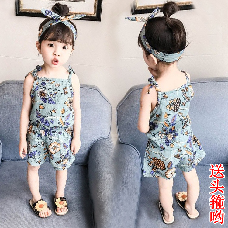 Sling With Green Flowers (Hair Band)female Boy poplin  Silk Rayon vest suit 2021 summer wear children jacket trousers Baby girl Two piece set