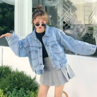 2018 Hàn Quốc phiên bản mới lỏng trở lại thế hệ BF sinh viên siêu thủy triều phần ngắn denim jacket bat tay áo khoác nữ áo jean nữ