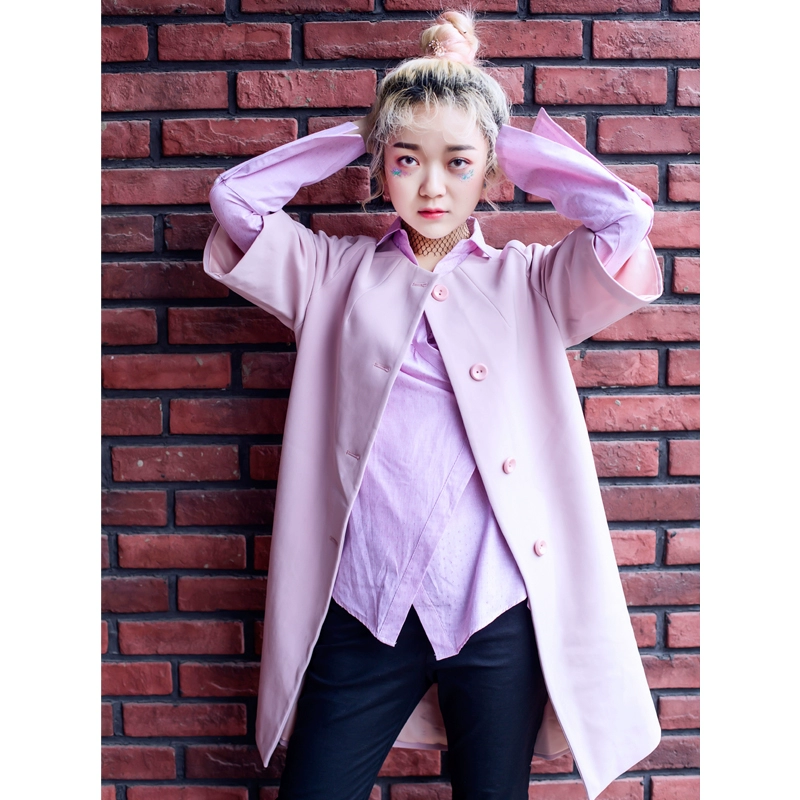 2017 mùa thu mới của phụ nữ Hàn Quốc cổ tròn năm điểm tay áo rộng vừa kén áo khoác màu hồng kén màu hồng - Trench Coat