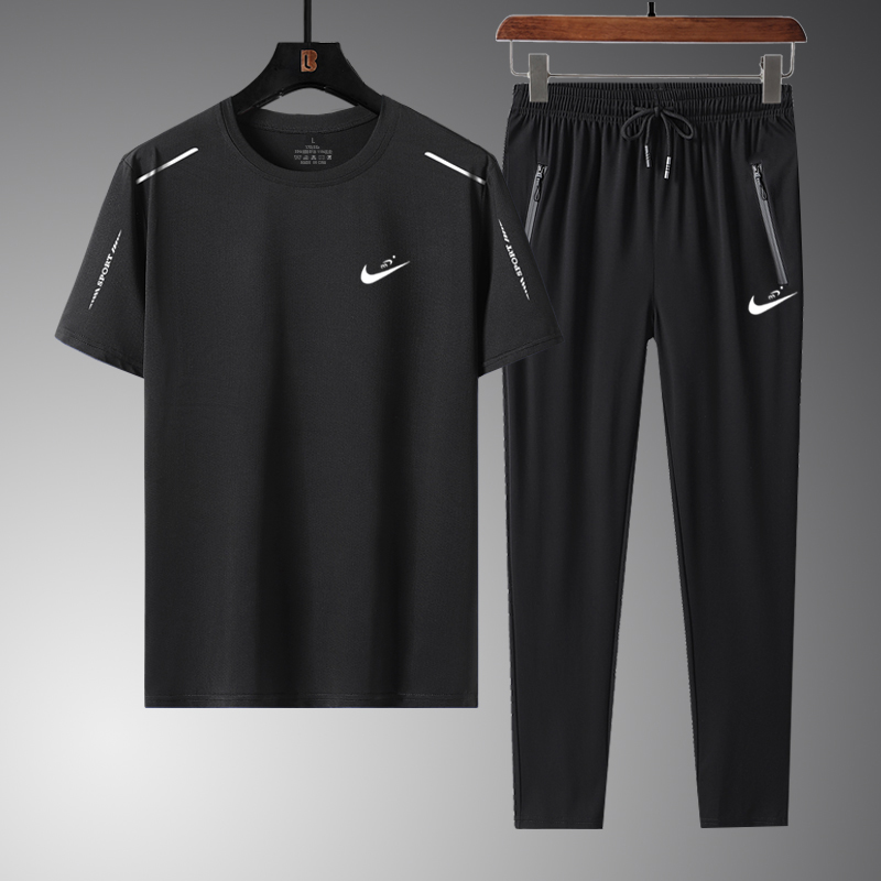 8822 Two Piece Black PantsNike summer Ice silk leisure time Sports suit male run Short sleeve T-shirt Crew neck Quick drying shorts Three piece suit