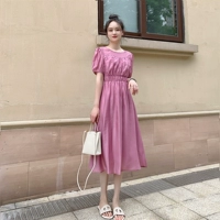 Розовый приталенный корсет, длинное летнее платье, средней длины, короткий рукав, А-силуэт, высокая талия