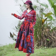 Real shot phong cách quốc gia Trung Quốc mùa thu nữ mới thắt lưng váy dài bằng vải cotton và vải lanh rộng tay áo dài
