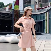 Mùa hè của phụ nữ mới màu rắn đơn giản ngắn tay áo polo váy xếp li eo túi hip một từ váy siêu cổ tích - A-Line Váy