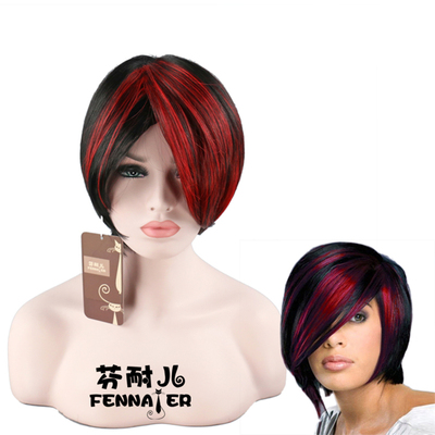 taobao agent Fenny Erner Black and Red Mixed color partial short hair, short hair, short straight hair, oblique bangs black red gradient wig