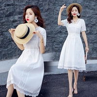 Váy 2019 mới mùa hè eo của phụ nữ là cổ áo trắng mỏng V-cổ Một chiếc váy chữ cỡ lớn che chở hoang dã thịt - A-Line Váy đầm xòe công sở