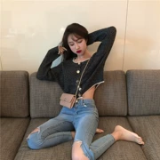 Hàn Quốc đầu thu mới khí chất nhỏ nước hoa Slim ngắn ngực đơn cổ tròn thời trang đan áo len cardigan nữ thủy triều