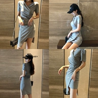 Dora Chaoren Hall Hồng Kông hương vị retro chic nếp gấp không thường xuyên V-Cổ ngắn tay ăn mặc tính khí váy mỏng phụ nữ 	váy thắt dây eo	