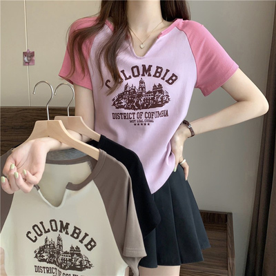 taobao agent Retro summer design T-shirt, jacket, plus size, American style, with short sleeve, trend of season, fitted, V-neckline