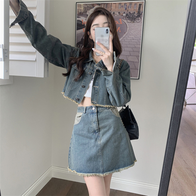 taobao agent Autumn fashionable set, design short denim jacket, plus size, trend of season