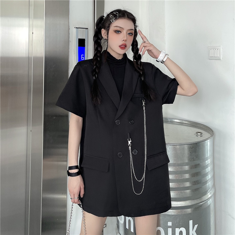 Black short sleeveBlazer female spring and autumn 2021 new pattern Korean version ins Port style Medium and long term man 's suit easy leisure time jacket loose coat tide