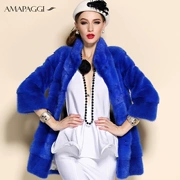 Emma 珮 Emma áo khoác lông 貂 貂 貂 mùa đông mặc cổ áo cao trong phần dài của hàng ngang áo khoác da lộn màu xanh - Faux Fur