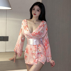 Пижама 格格家 网红性感辣妹v领显胸日式开衫和服睡衣蝴蝶结系带收腰套装