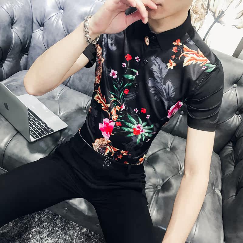 网红衬衫夜店风理发师 男士时尚豹子头印花衬衣 韩版修身1911