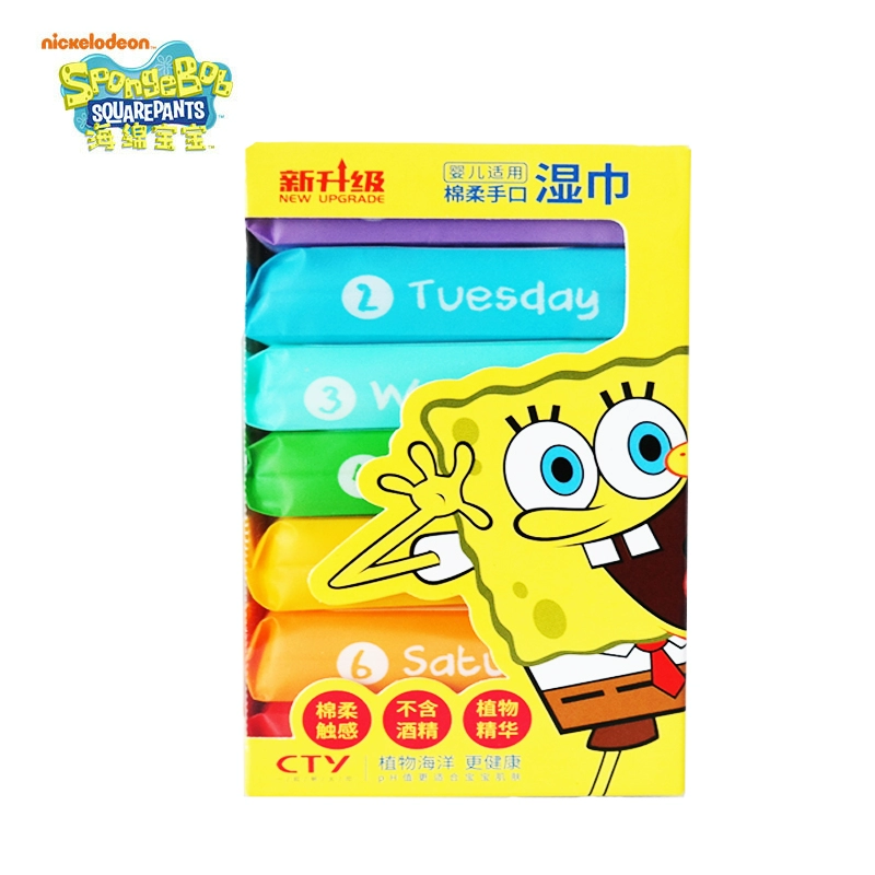 Khăn lau tay cho bé SpongeBob 1 hộp (7 gói) Mini Compact Weak Acid mới Gói - Khăn ướt