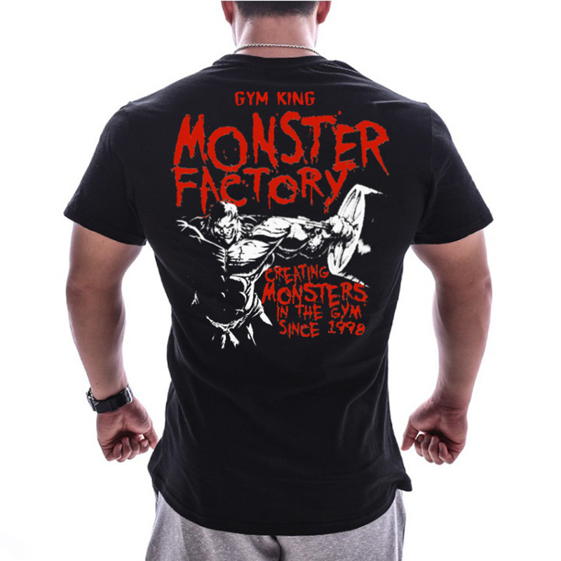 Black Scarlet Letter Barbellsummer new pattern muscle brother Short sleeve male easy Big size pure cotton elastic force motion T-shirt run train Fitness clothes