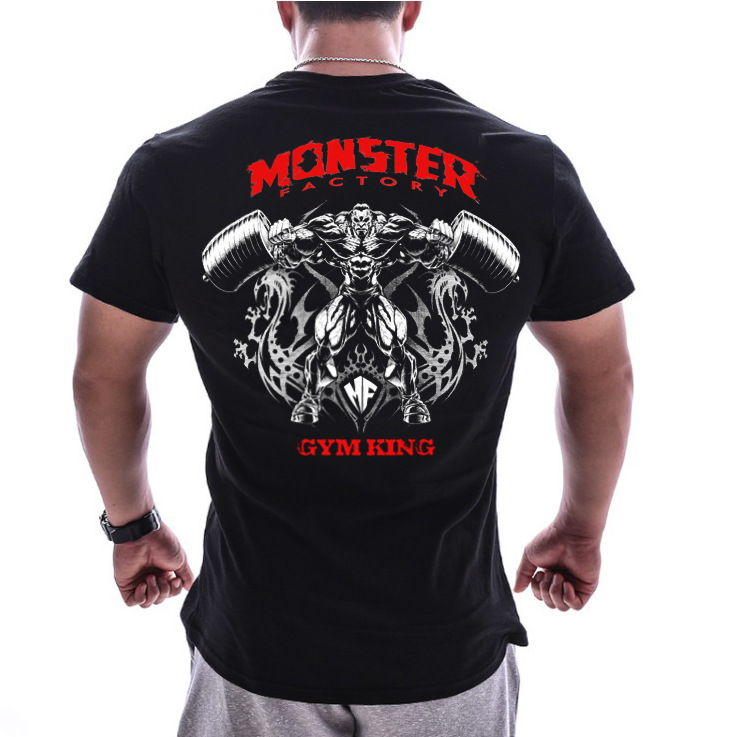 Black Scarlet Letter Weight Liftingsummer new pattern muscle brother Short sleeve male easy Big size pure cotton elastic force motion T-shirt run train Fitness clothes