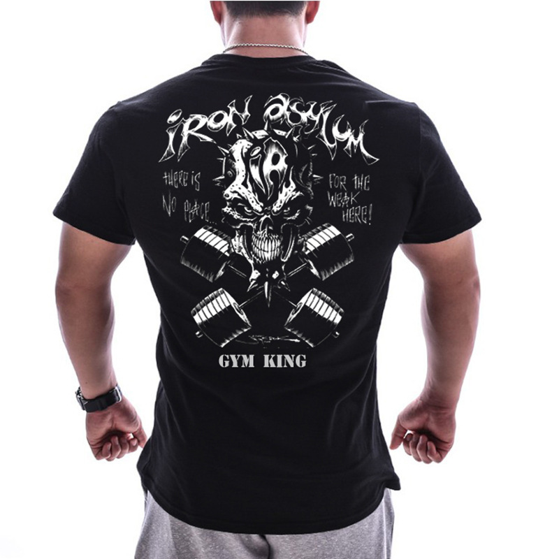 Black Skullsummer new pattern muscle brother Short sleeve male easy Big size pure cotton elastic force motion T-shirt run train Fitness clothes