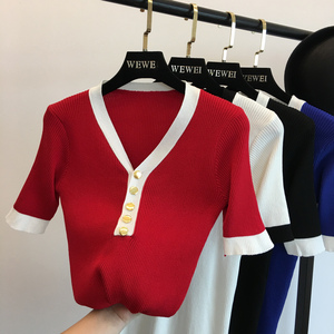 Ngắn tay áo triều mùa xuân 2018 mới của Hàn Quốc thời trang hoang dã T-Shirt Mỏng mỏng V-Cổ knit top áo khoác mỏng nữ