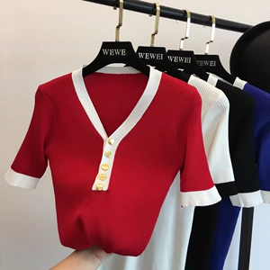 Ngắn tay áo triều mùa xuân 2018 mới của Hàn Quốc thời trang hoang dã T-Shirt Mỏng mỏng V-Cổ knit top
