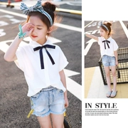 Cô gái áo sơ mi ngắn tay mùa hè 2018 mới trẻ em Hàn Quốc của áo sơ mi cao đẳng gió trắng lớn trẻ em áo sơ mi nước ngoài