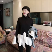 Phiên bản Hàn Quốc của áo len nữ 2018 mới giả hai màu kết hợp nửa cổ cao không đều tay áo kèn áo len