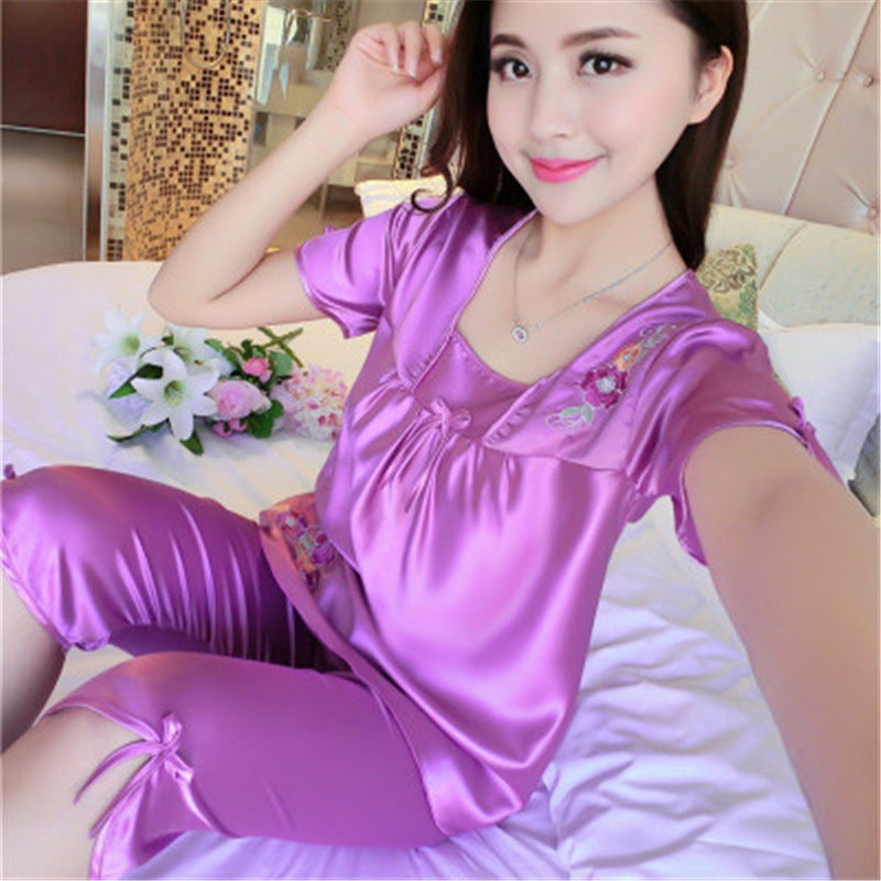 睡衣女丝绸秋季短袖韩版性感睡衣女春夏天薄款冰丝两件套装家居服