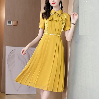 Back Zipper Lining With Yellow (Nail, Bead, Drill And Lace)2021 summer new pattern Medium and long term Close your waist Show thin heavy industry Embroidery Retro Age reduction Lapel Dress